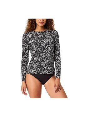 Lands End Womens Black & White Floral Rash Guard Swim Shirt UPF 50 Size S